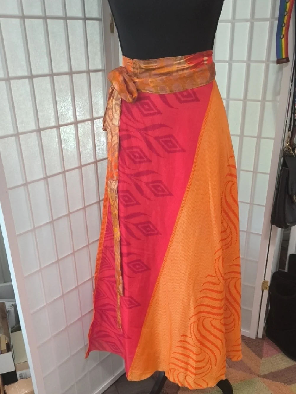 VINTAGE Silk Sari Reversible Wrap Skirt - Red & Orange - Darn Good Yarn - Picture 17 of 17